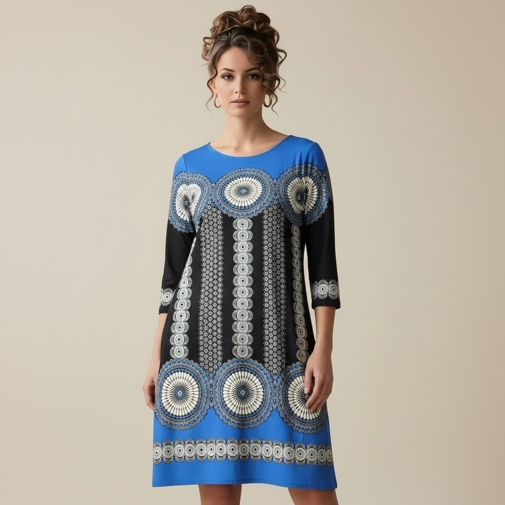 London Times Blue Black Medallion Print 3/4 Sleeve Shift Dress Size 4